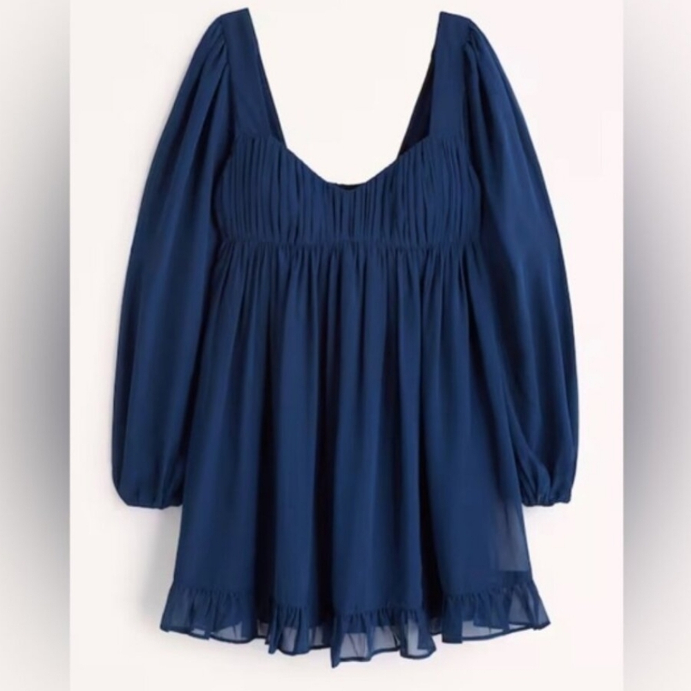 Abercrombie & Fitch Women's Blue Long Sleeve Babydoll Mini Dress Smocked XS